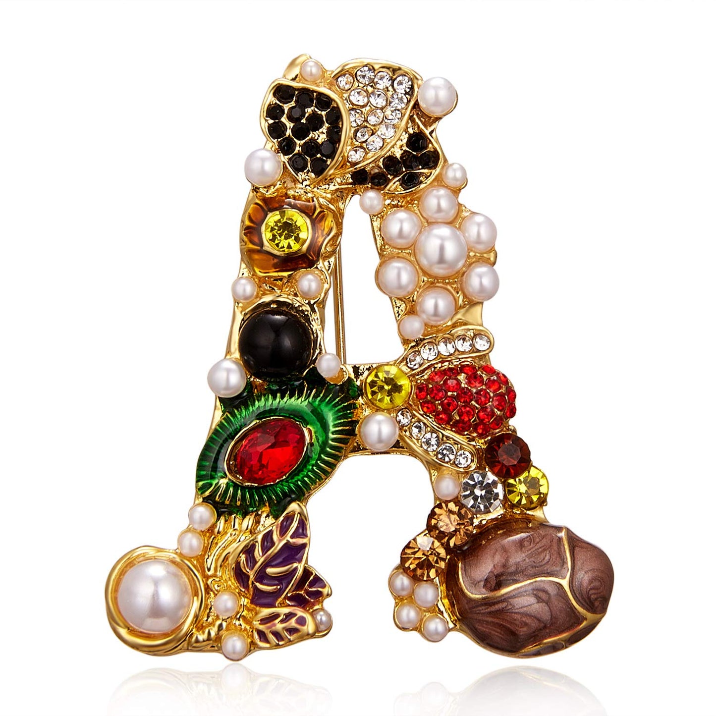 RINHOO Crystal Pearl Initial Brooch Gold Plated Enamel Colorful Letter Alphabet Breastpin Pin Jewelry for GIFTS (Letter -A)