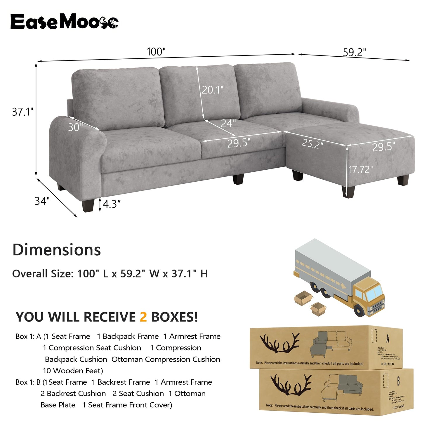 EASE MOOSE Large Seat Velvet L-Shaped Sofa, Soft 4 Seat Couch with Reversible Chaise, Comfy Sectional Modular Sofa with Removable Washable Covers for Living Room and Small Space, Grey