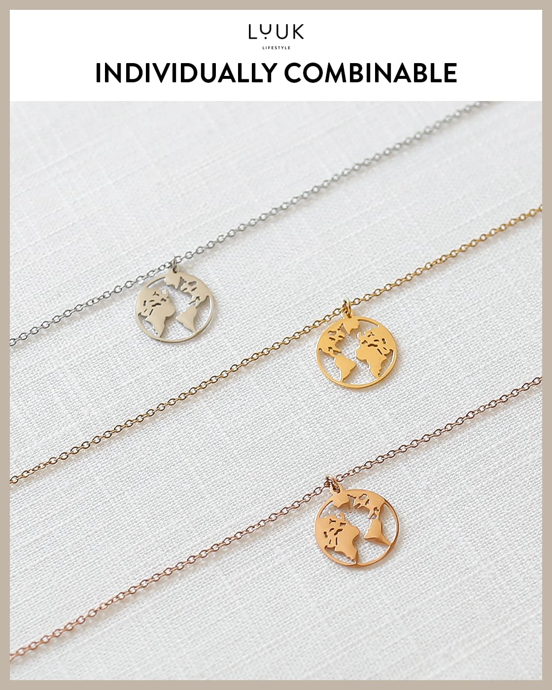 LUUK LIFESTYLE Stainless steel necklace for women with globe, earth pendant and HAPPINESS gift card, simple, minimalistic summer jewelry, festival look, trendy boho style, travel lucky charm, silver
