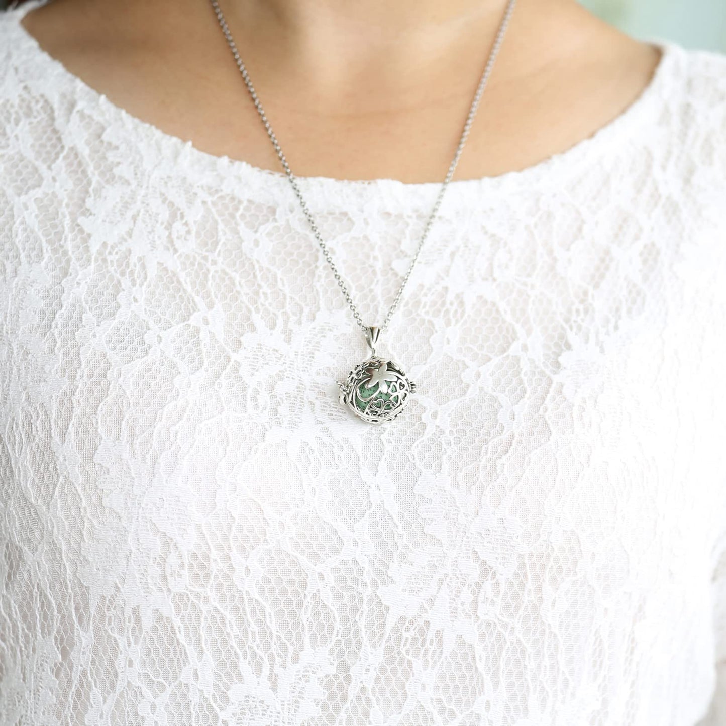 HEDQFM 2PCS Aromatherapy Essential Oil Diffuser Necklace Love Heart and Hollow Ball Locket Pendant Necklace with Lava Bead Stone for Women