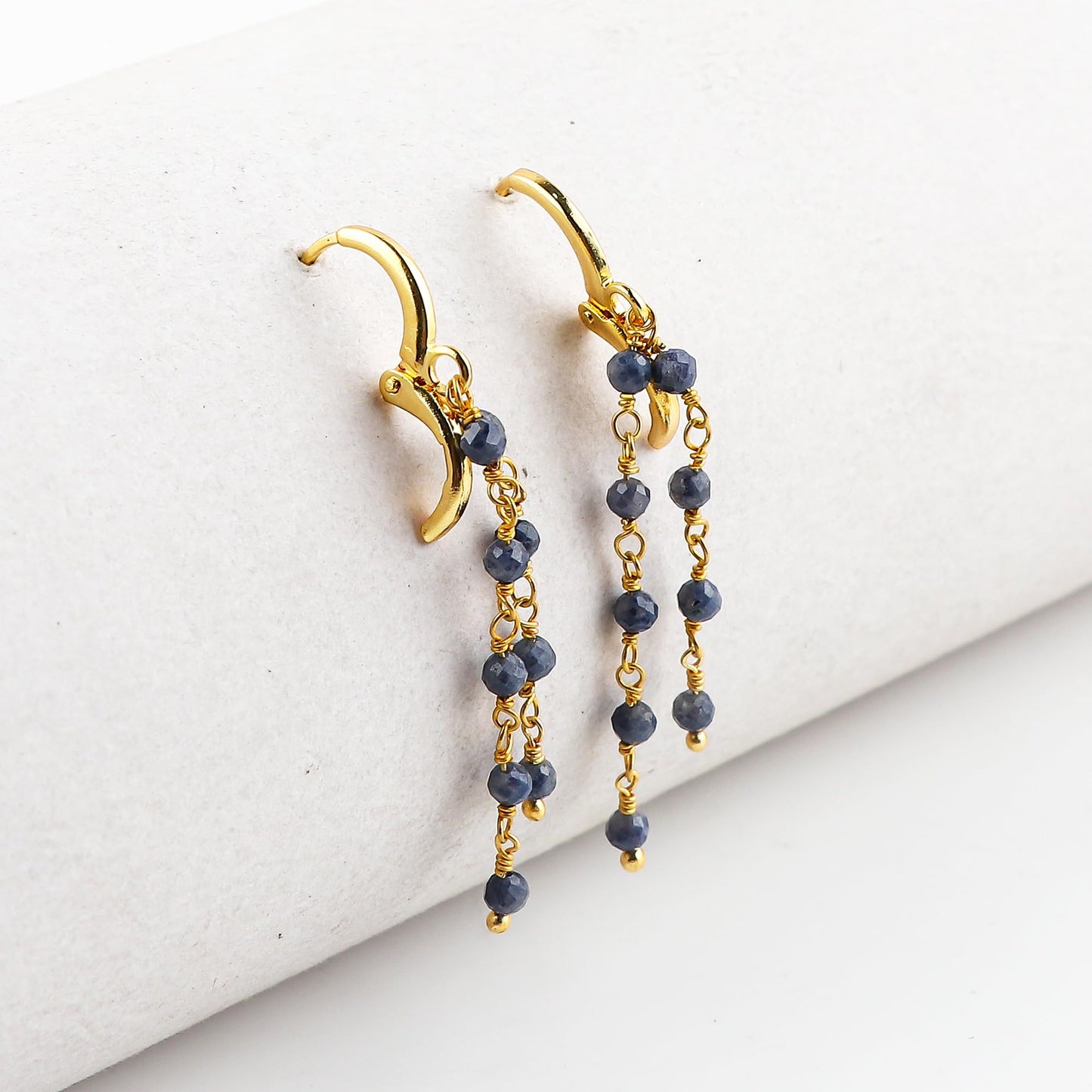 CRYSTALINES (3pcs) Natural Blue Sapphire Gemstone Cluster Jewelry Combo Set, 14K Gold Plated, Crystals Beads Rosary Chain, Handmade Bohemian Jewelry - Bracelets, Necklace, Earrings for Women