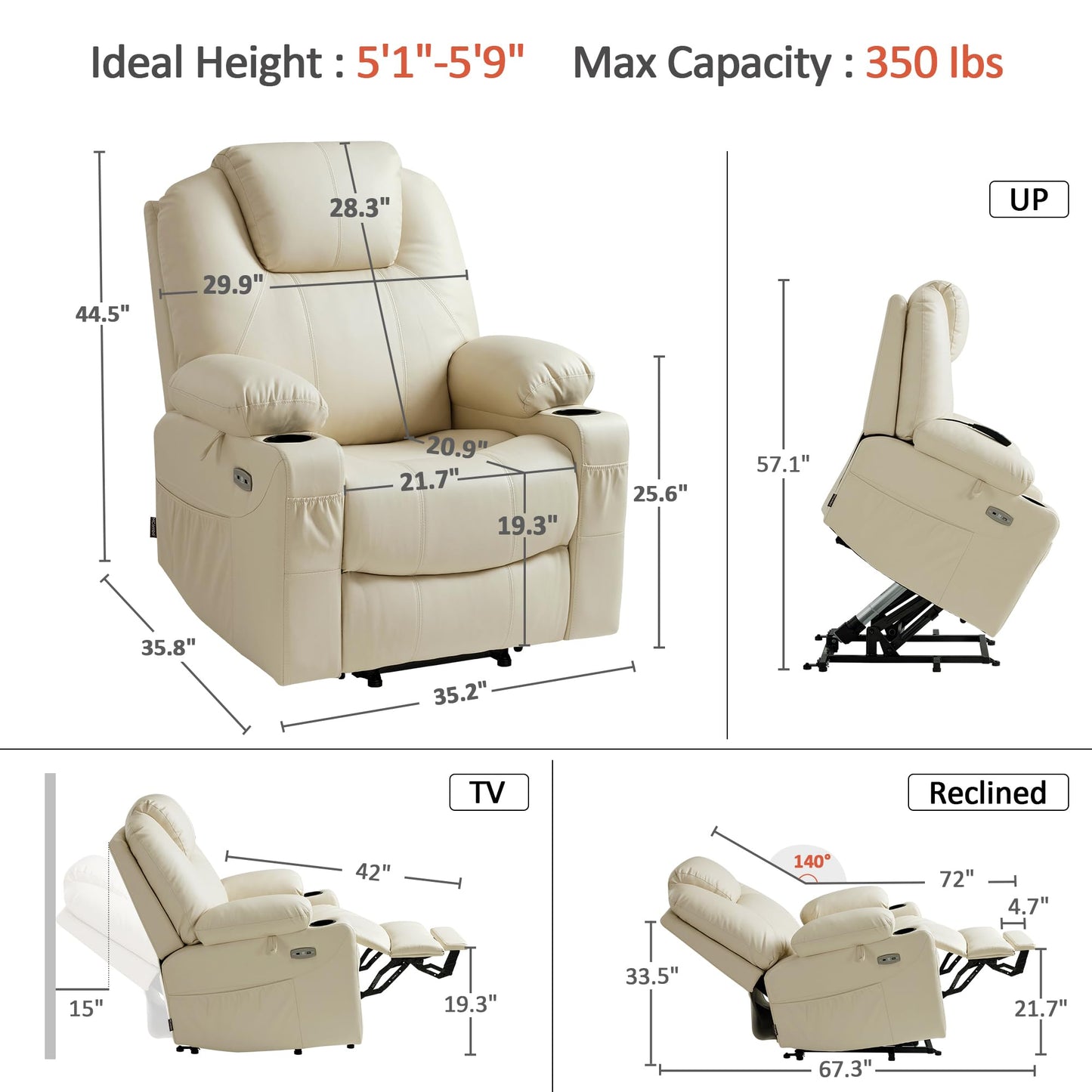 MCombo Power Lift Recliner Chair for Elderly, Lift Chair with Heat and Massage, FSC Certified, USB Ports, Cup Holders, Faux Leather 7040 (Cream White, Medium)