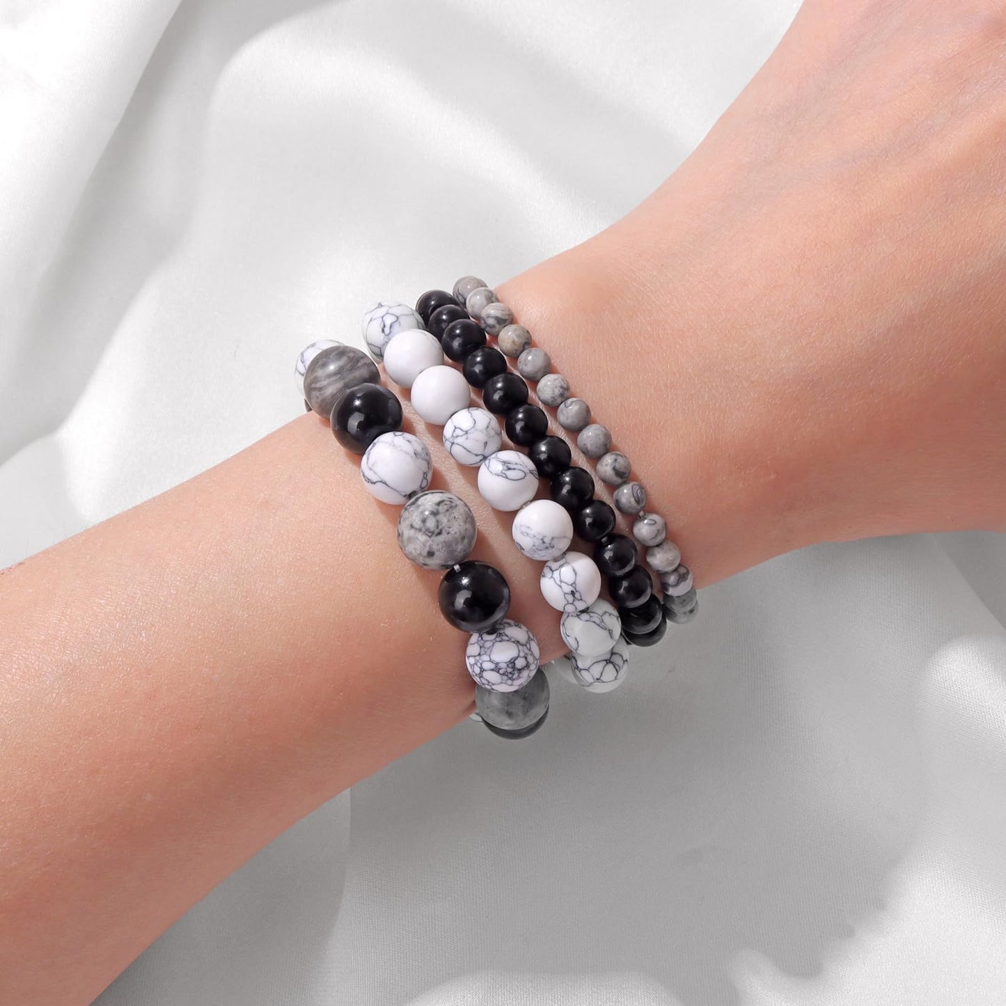 Vinswet 4pcs Natural Stone Beaded Bracelets for Women Men,Healing Crystal Gemstones Stretch Bracelet,4mm 6mm 8mm 10mm Black agate Map stone White turquoise Anxiety Stress Relief Bracelet Jewelry Gifts