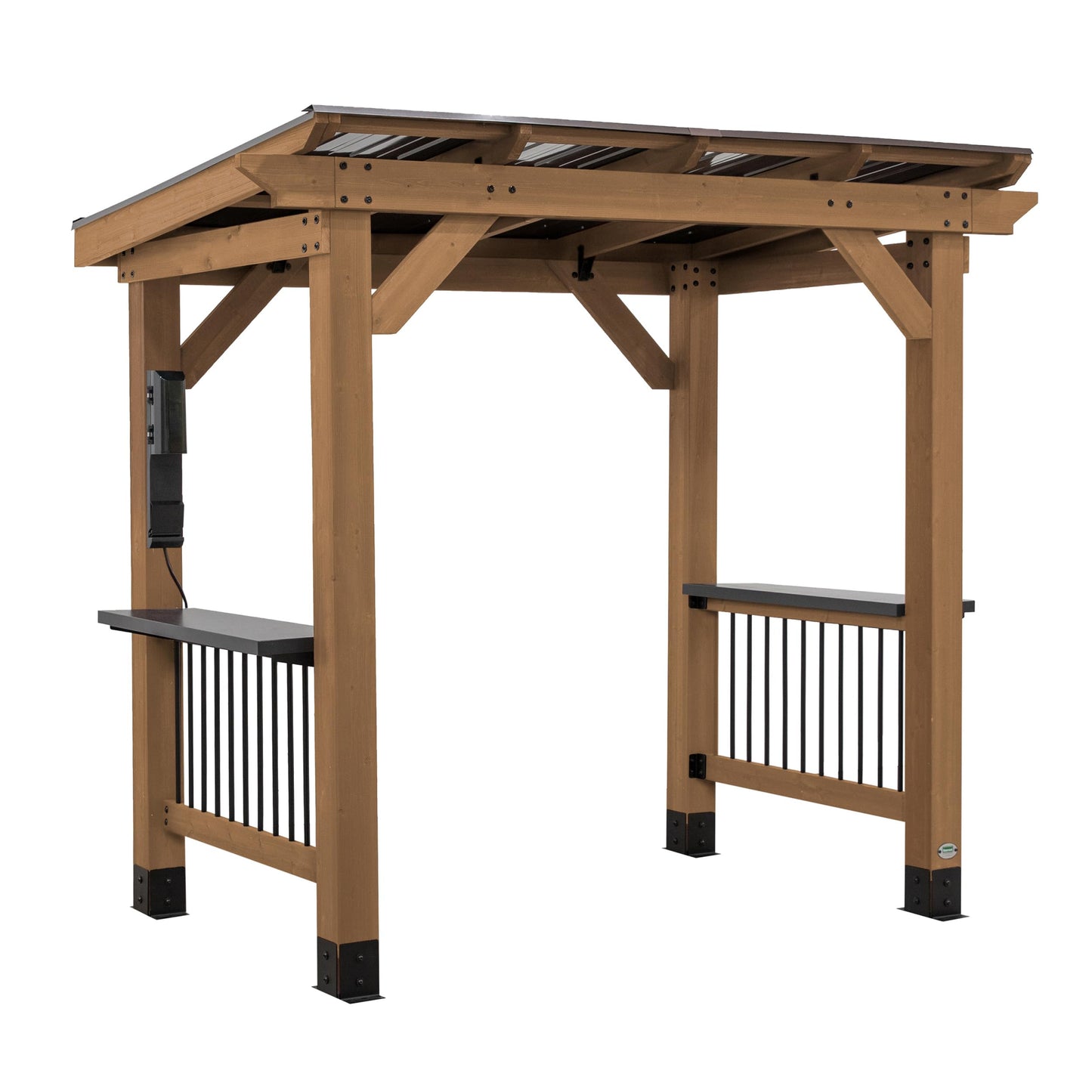 Backyard Discovery Saxony 8' x 5' Cedar Wood BBQ Grill Gazebo Pavilion with Hardtop Galvanized Steel Roof, Bar Tops, Powerport, Snow Support, Wind Resistance, Cook Station for Outdoor Patio or Deck