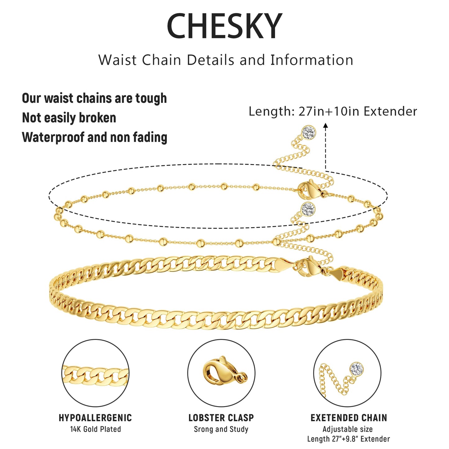 CHESKY Waist Chain, 14K Gold Plated Body Chains Jewelry for Women Dainty Adjustable Waist Beads Waterproof Belly Chain Gold Belly Button Ring Gold Chain Belt Beach Jewelry for Women Gifts