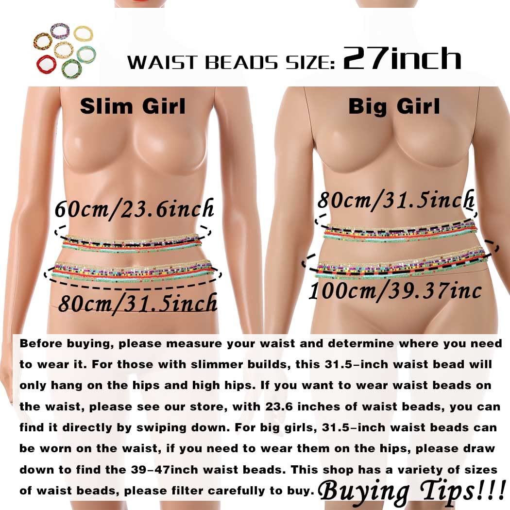 ELABEST Plus Size African Waist Beads Chain Layered Belly Body Chain Beach 7Pack Waist Jewelry Body Accessories for Women and Girls (27inch/70cm)