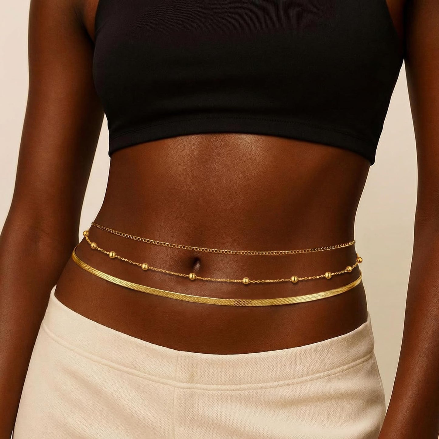 HERSIN Waist Chain for Women, 3 Pairs 14K Gold Plated Layered Belly Belt Chains Beach Waist Beads Chain Waterproof Herringbone Snake Body Chain Summer Jewelry Accessories for Women