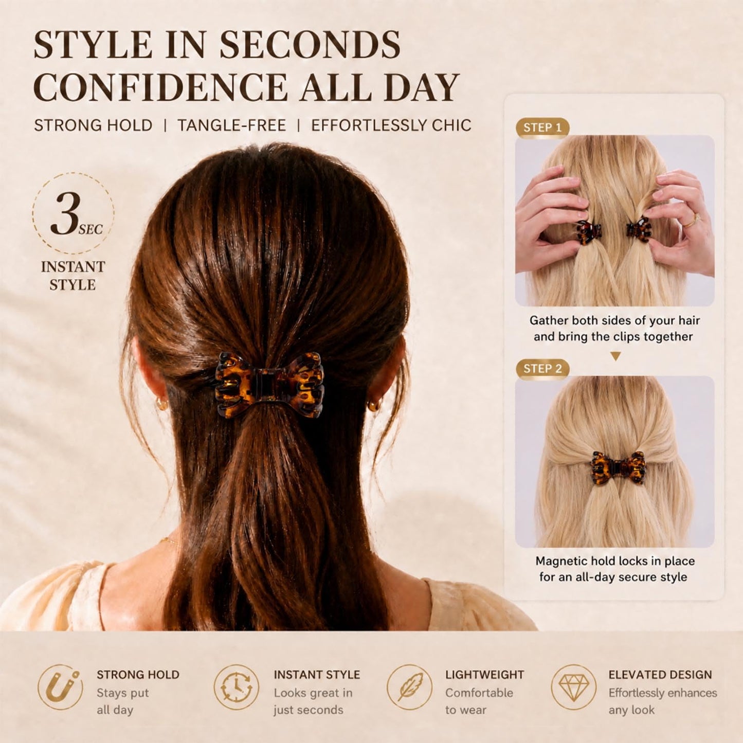 ASTRULUME 2Pcs Magnetic Hair Clips, Strong Hold No-Slip Styling Clips for Layered Styles, Half-Updos and Braids, Seamless 2-in-1 Clavicle Design, Multiple Colors(Black)