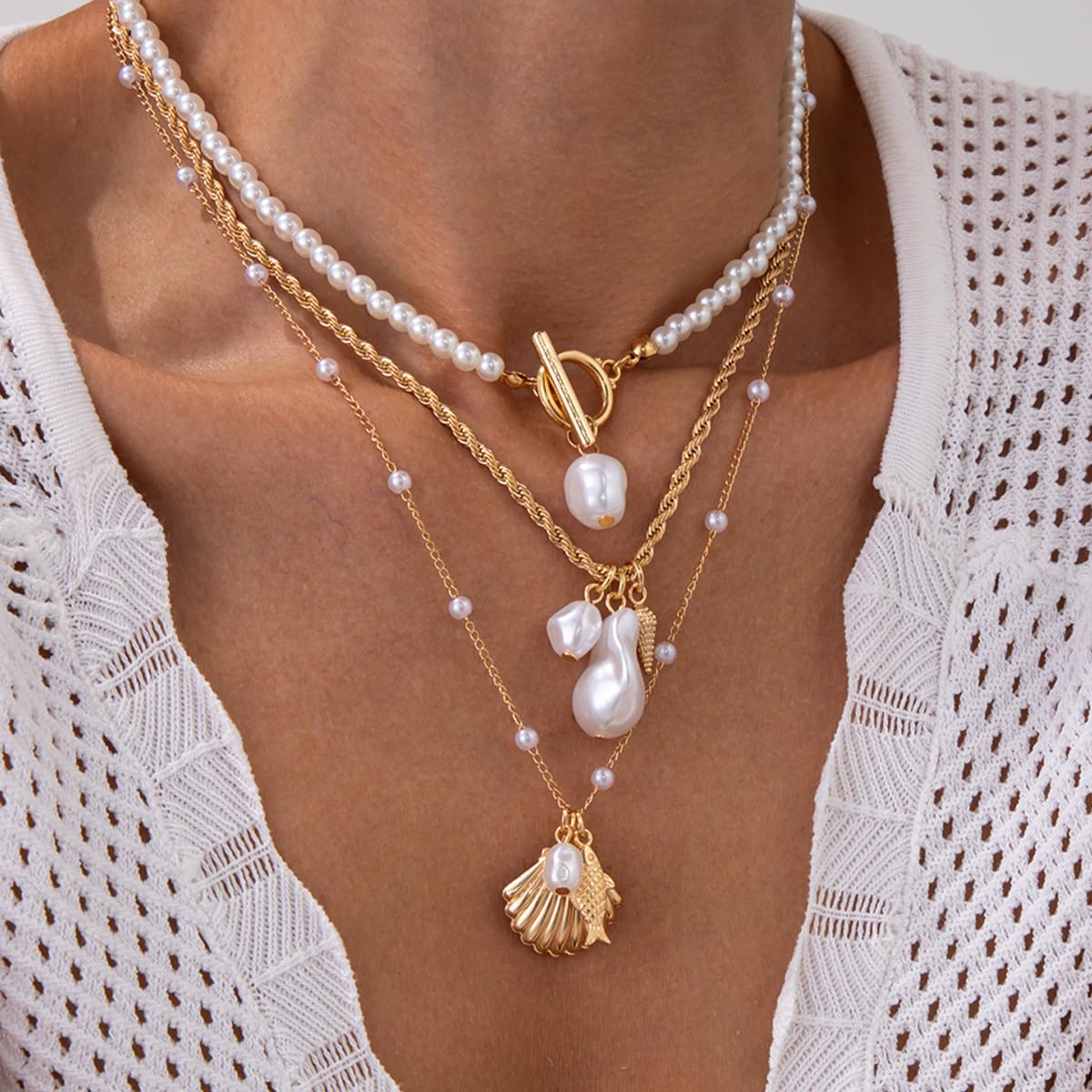 Seashell Necklace Beach Jewelry for Women Starfish Fish Necklace Boho Pearl Choker Sea Shell Necklaces for Women Beach Necklaces Summer Vacation Jewelry (Style1)