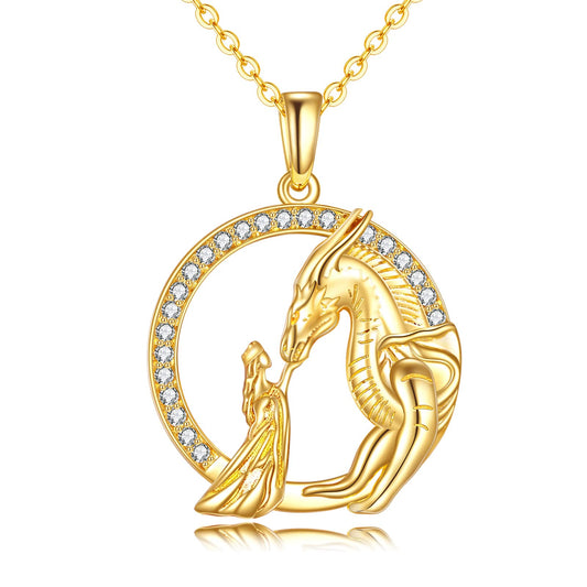 KECHO Dragon Necklace Gifts for Women Yellow Gold Women and Dragon Necklace Queen Princess Stroking Dragon Jewelry Christmas Gifts for Mother Daughter
