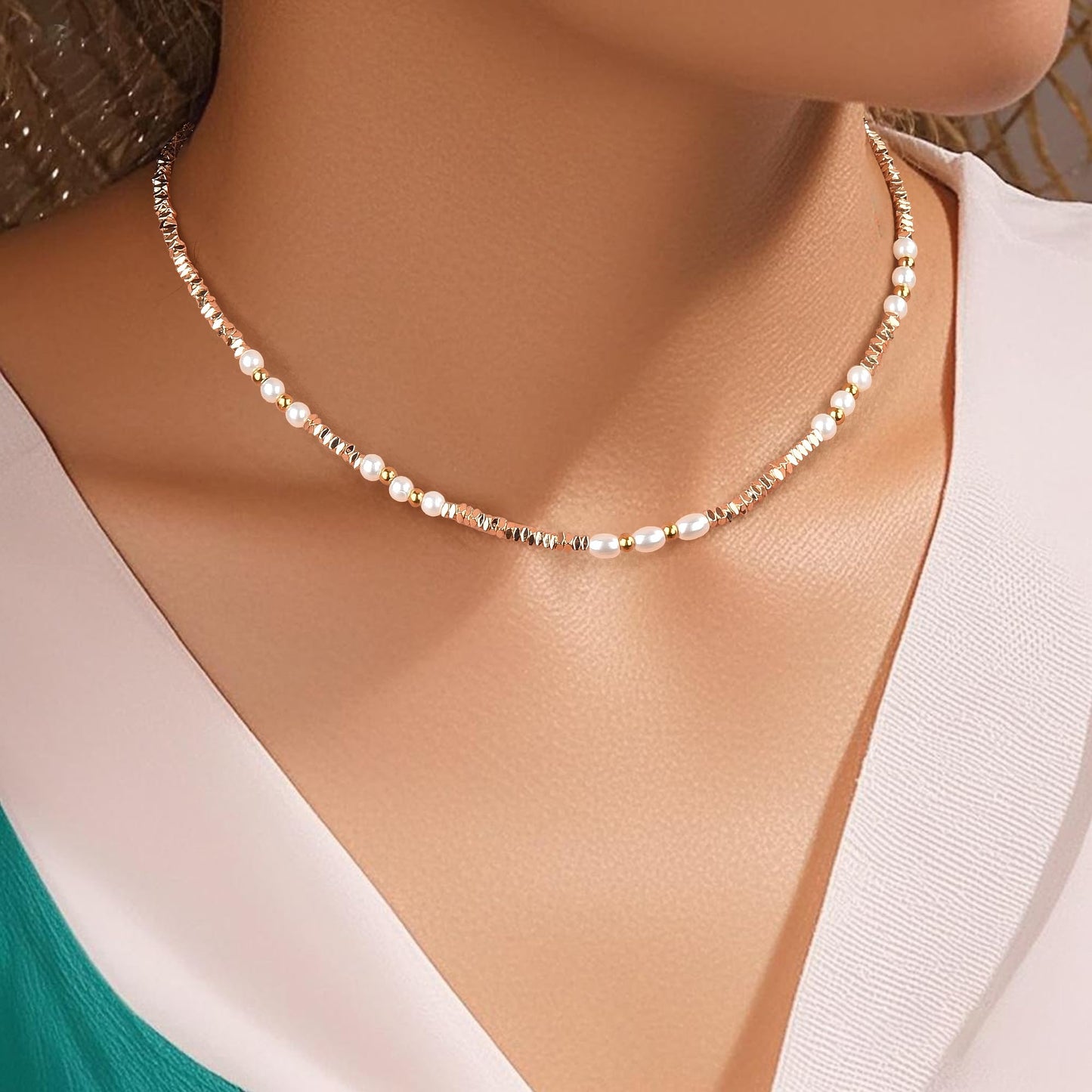 Sparking Gold Lmitatuon Pearl Necklace Beach Jewelry Pearl Summer Necklaces For Women (Golden)