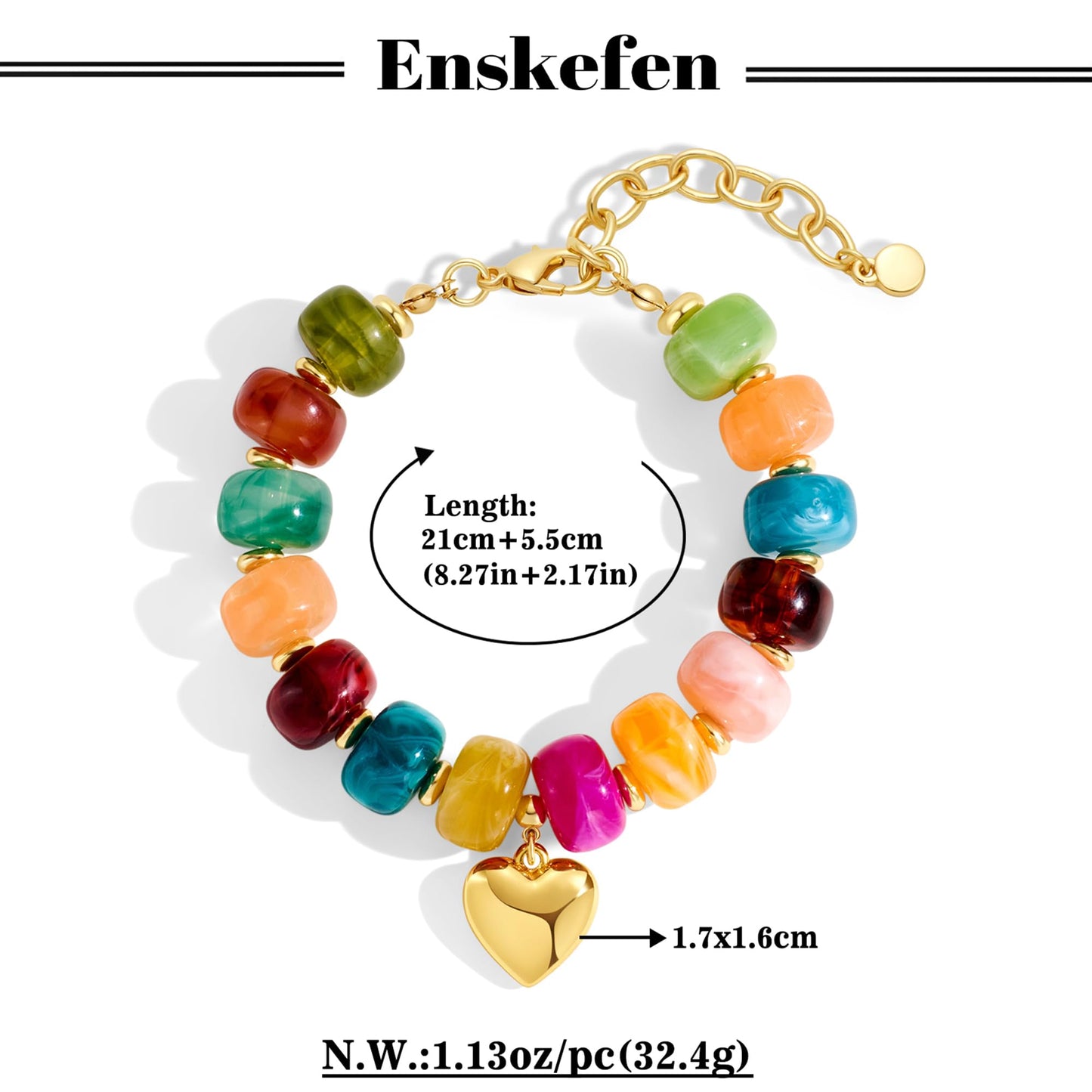 ENSKEFEN Colorful Beaded Heart Bracelets for Women Trendy Multicolor Acrylic Resin Beads Bracelet Statement Heart Charm Bracelet Boho Summer Jewelry
