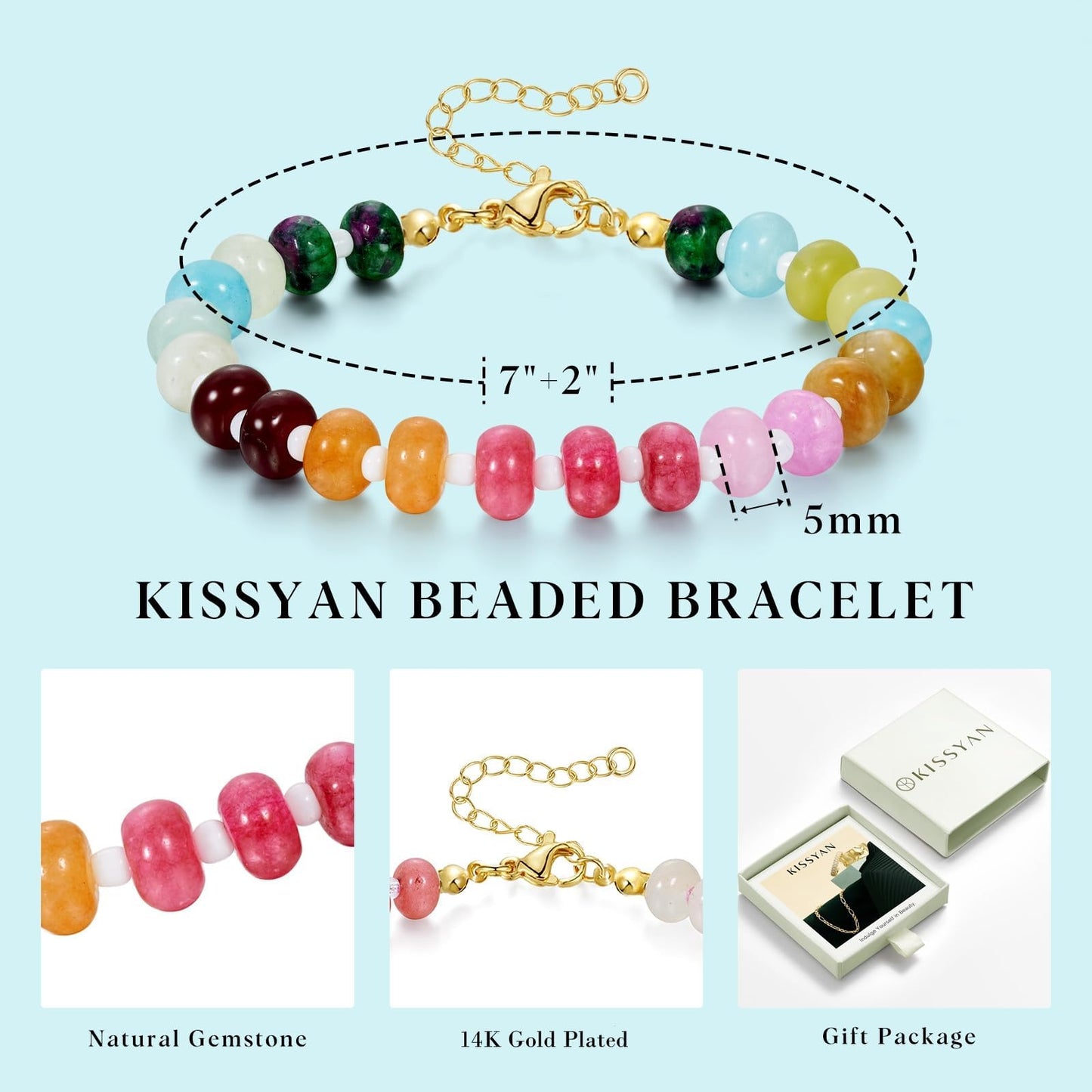 KissYan Beaded Bracelets for Women, Colorful Gemstone Boho Bead Bracelet for Beach, Natural Stone Handmade Summer Jewelry Gifts Style 1