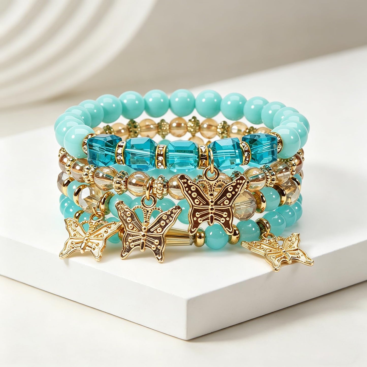 Briutn Bohemian Stackable Beaded Bracelets for Women 4 Layer Blue Gold Butterfly Charm Stretch Bracelet Boho Jewelry Gift