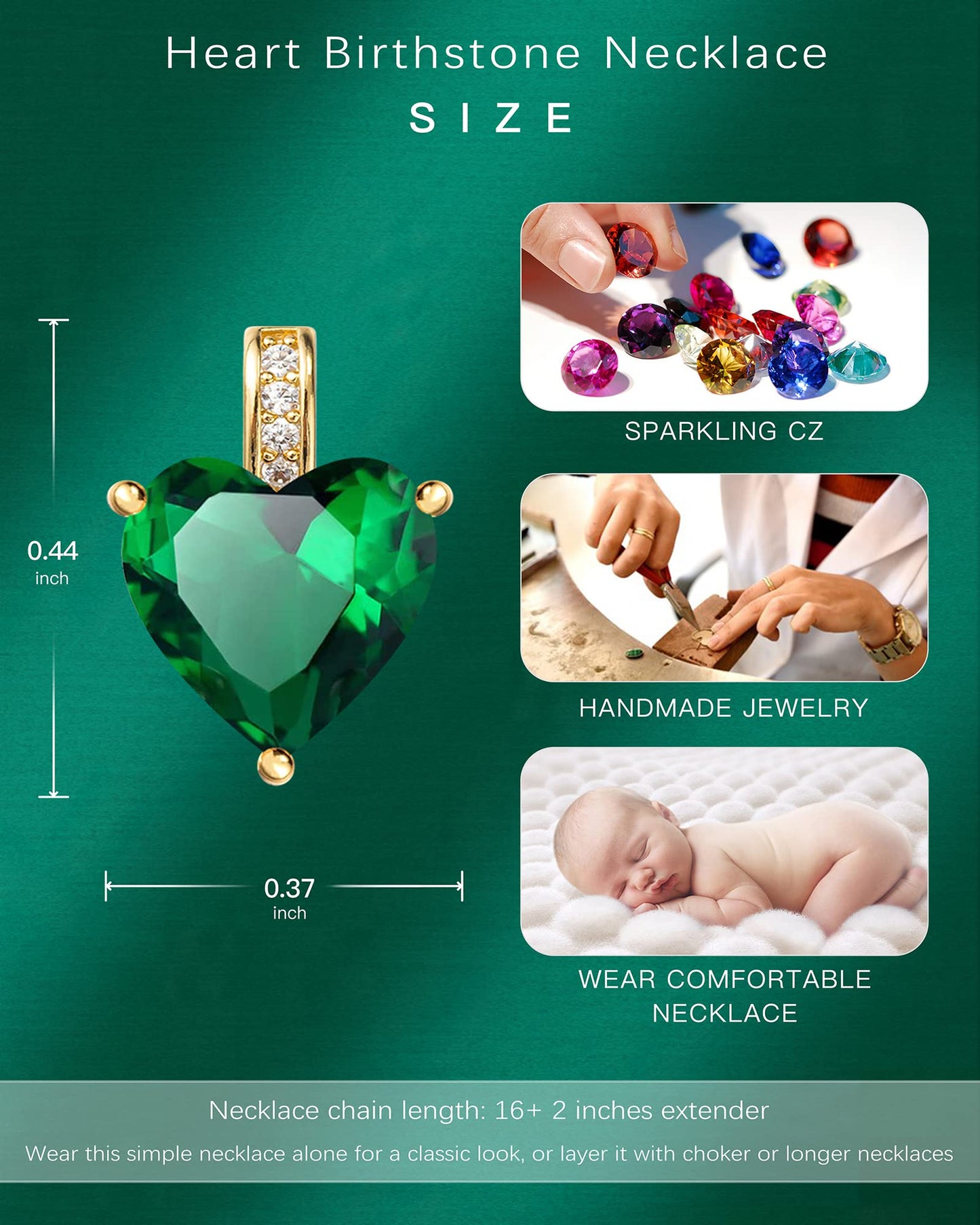 MIDDLUX Emerald Necklace, Emerald Jewelry, May Birthstone Jewelry, May Birthstone Necklace, Heart Necklace