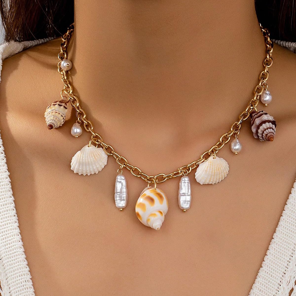 BlingNook Gold Charms Necklace For Women, Colorful Charm Beachy Fish Conch Seashell Heart Pepper Cool Ocean Layered Stackable Summer Holiday Jewelry (Gold Fish)