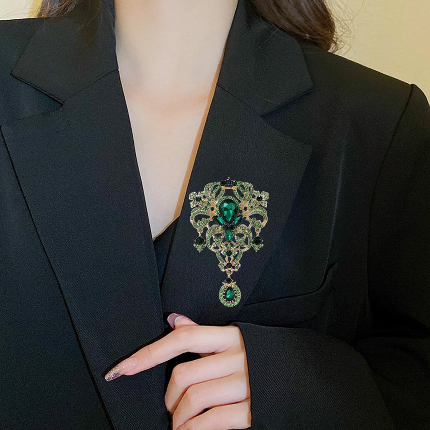 YOQUCOL Retro Green Austrian Crystal Big Brooch Pin for Women Large Flower Shape Brooches Lapel Pins for Sweater,Coat Dress Accessories