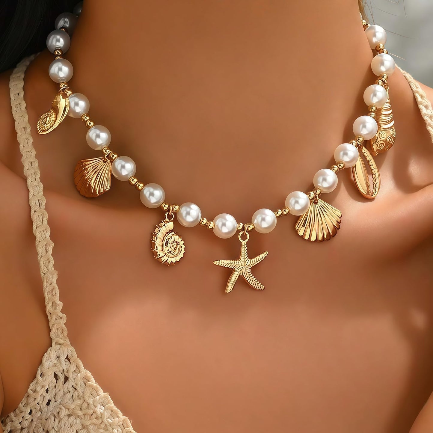 Shell Starfish Necklace for Women, 14k Gold Plated Boho Layered Beaded Charm Pendant Necklace, Dainty Adjustable Pearl Conch Summer Beach Vacation Jewelry Gifts(Pearl Charm)