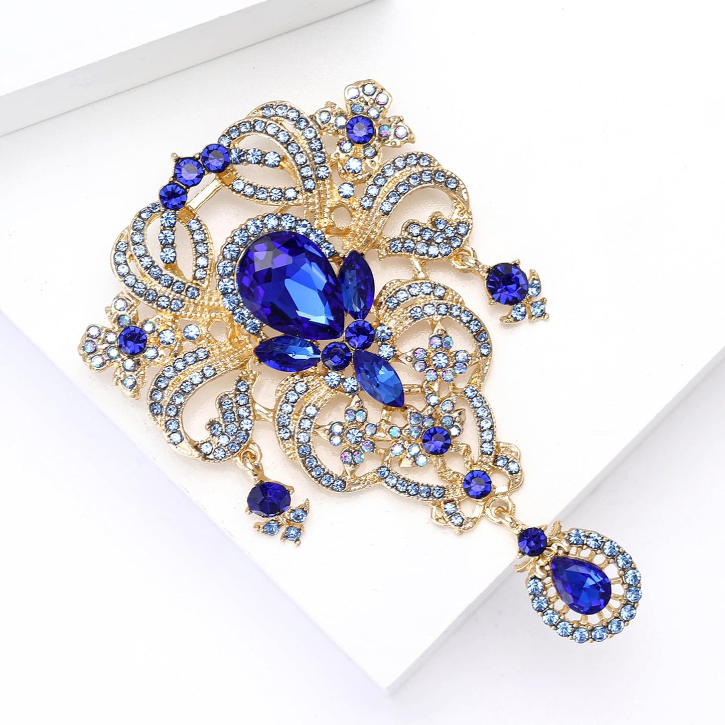 YOQUCOL Retro Blue Austrian Crystal Big Brooch Pin for Women Large Flower Shape Brooches Lapel Pins for Sweater,Coat Dress Accessories