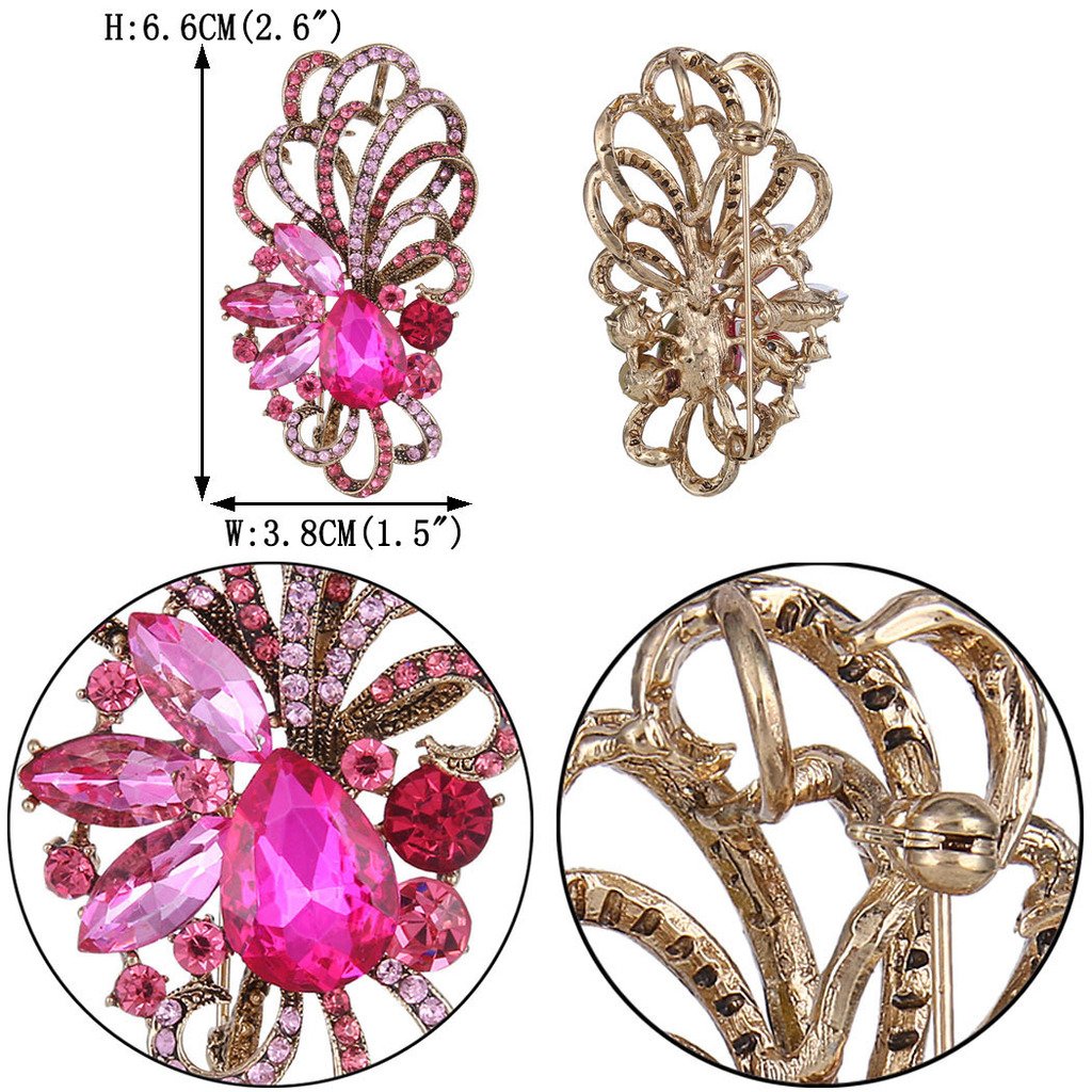 EVER FAITH Antique Gold-Tone Austrian Crystal Flower Ribbon Teardrop Brooch Pendant Pink