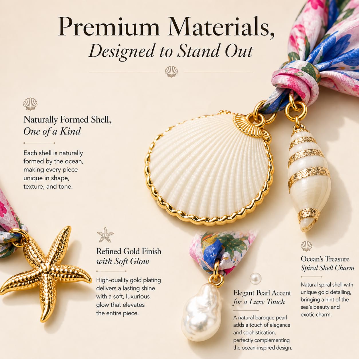UQRUI Floral Scarf Necklace with Charm for Women, Tropical Shell Pendant Jewelry, Boho Summer Beach Vacation Accessories