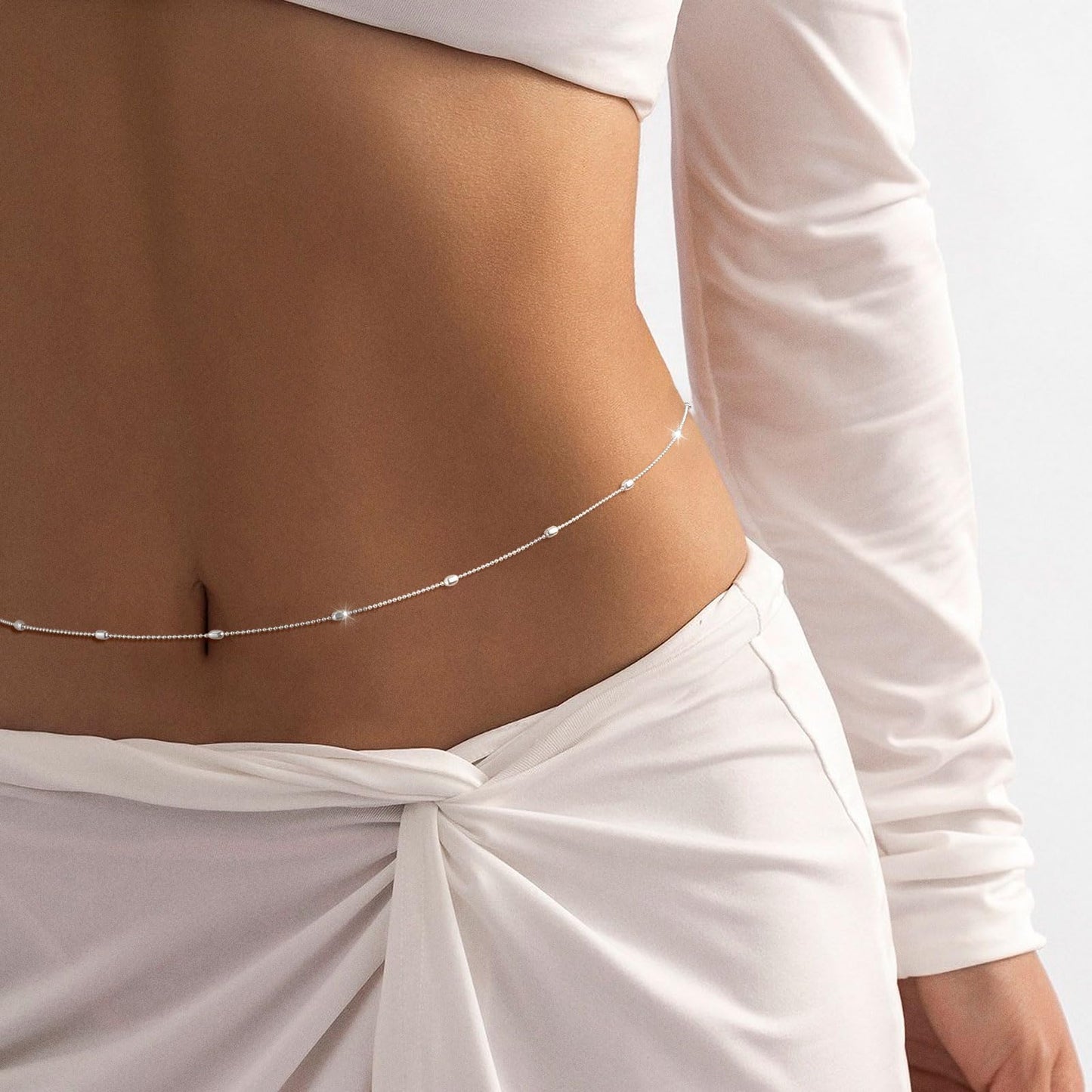 RELVEO 2PCS Silver Waist Chain Adjustable Layered Belly Chain Body Chain Jewelry for Women Sexy Bikini Beach Beaded Waist Chains