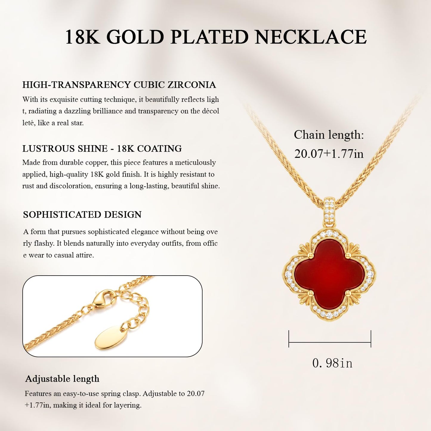 Tessalyn Four Leaf Clover Necklace for Women Gold Plated Lucky Red Agate Pendant with Sparkling Zirconia Elegant Jewelry for Daily Wear and Parties Gift Box Included