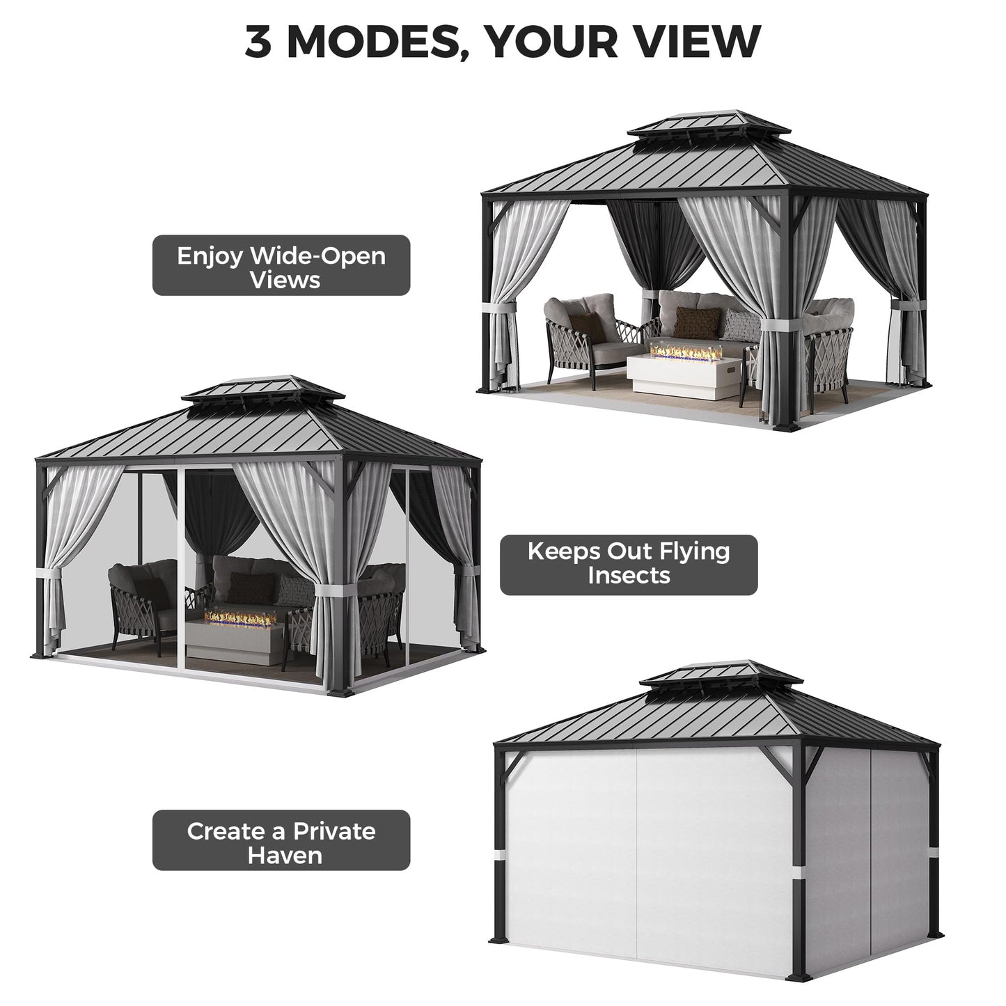 IRONCK 16'x12' Hardtop Gazebo, Update Aluminum Frame Gazebo with Galvanized Steel Double Roof, Outdoor Pergola with Curtain and Net, Backyard Canopy for Garden, Deck, Gray and Black