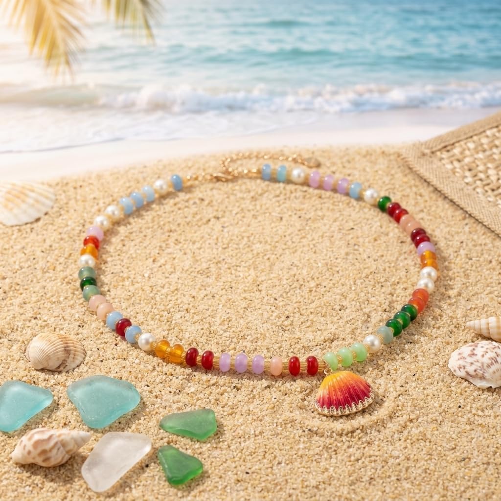 Frigotine Colorful Beaded Pearl Necklace for Women, Cute Orange Shell Pendant Trendy Summer Beach Boho Jewelry Gift