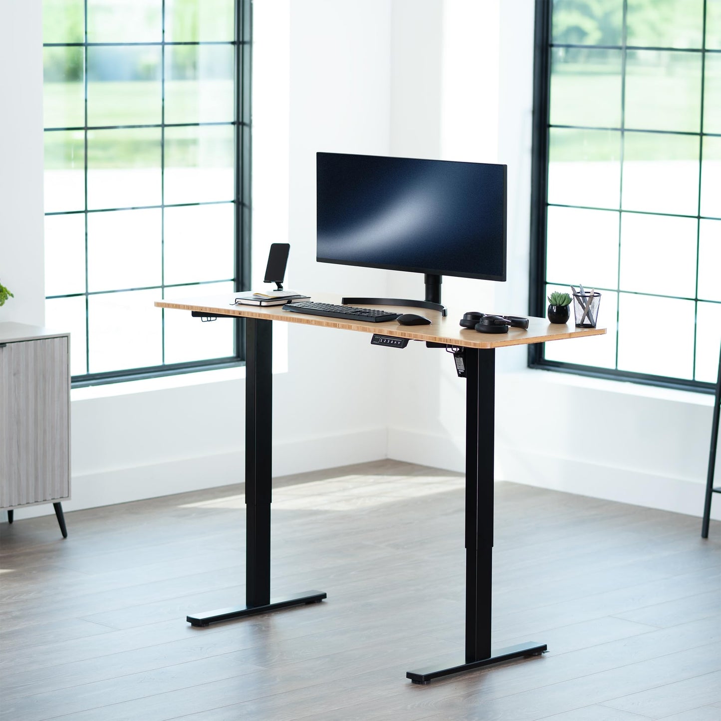 VIVO Electric 60 x 24 in Real Bamboo Standing Desk, Memory Height Adjustment, 1B Series, Holds 220 lbs, One-Piece Top, Black Frame, DESK-KIT-1B6O
