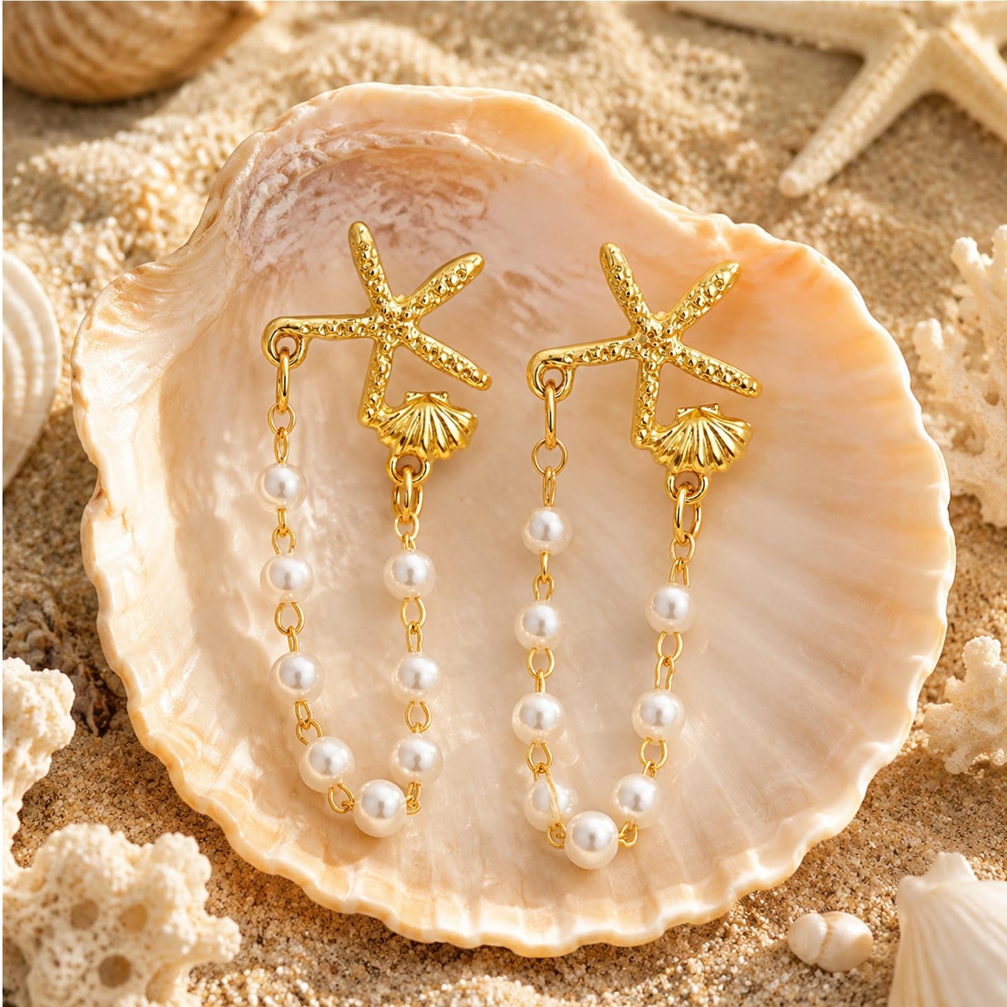 Seashell Starfish Earrings Beach Jewelry for Women Gold Chain Pearl Drop Shell Earrings Set for Summer Vacation Tropical Beachy Accessories