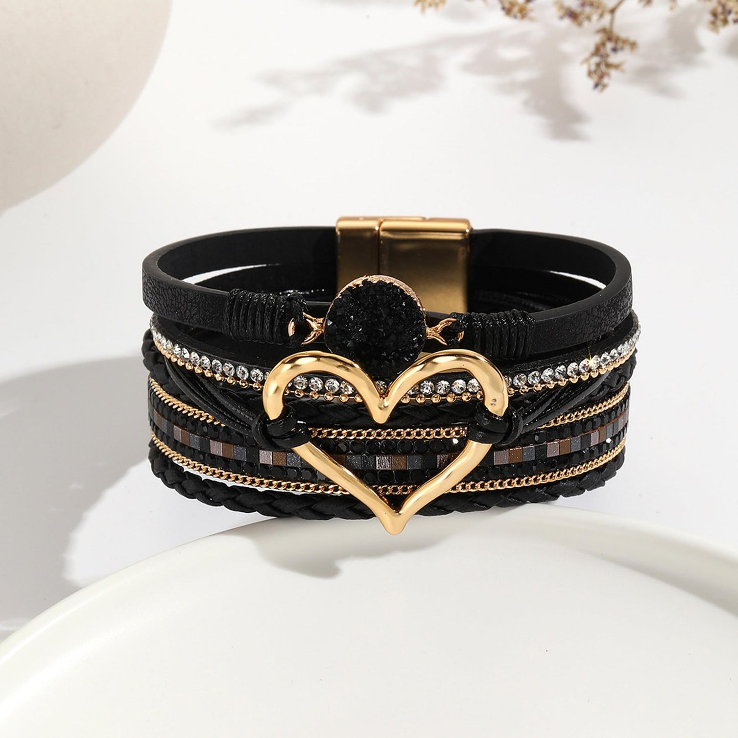 VIBILIA Boho Leather Wrap Bracelets for Women Heart Multi-Layer Bracelets with Strong Clasp Jewelry for Women-Black