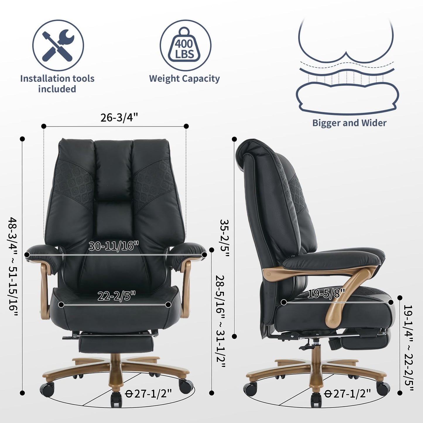 EXCEBET Big and Tall Executive Office Chair with Footrest, 400LBS Capacity Ergonomic High-Back Desk Office Chair with Lumbar Support, Padded Armrests & Thick Cushion, Black PU Leather Chairs