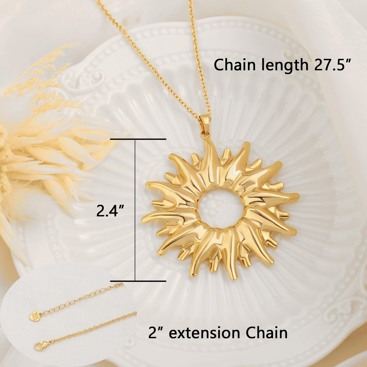 CANEVINKA 18K Gold Plated Vintage Large Sun Pendant Necklace for Women Long Sweater Chain Necklace Charm Sunflower Jewelry Gift