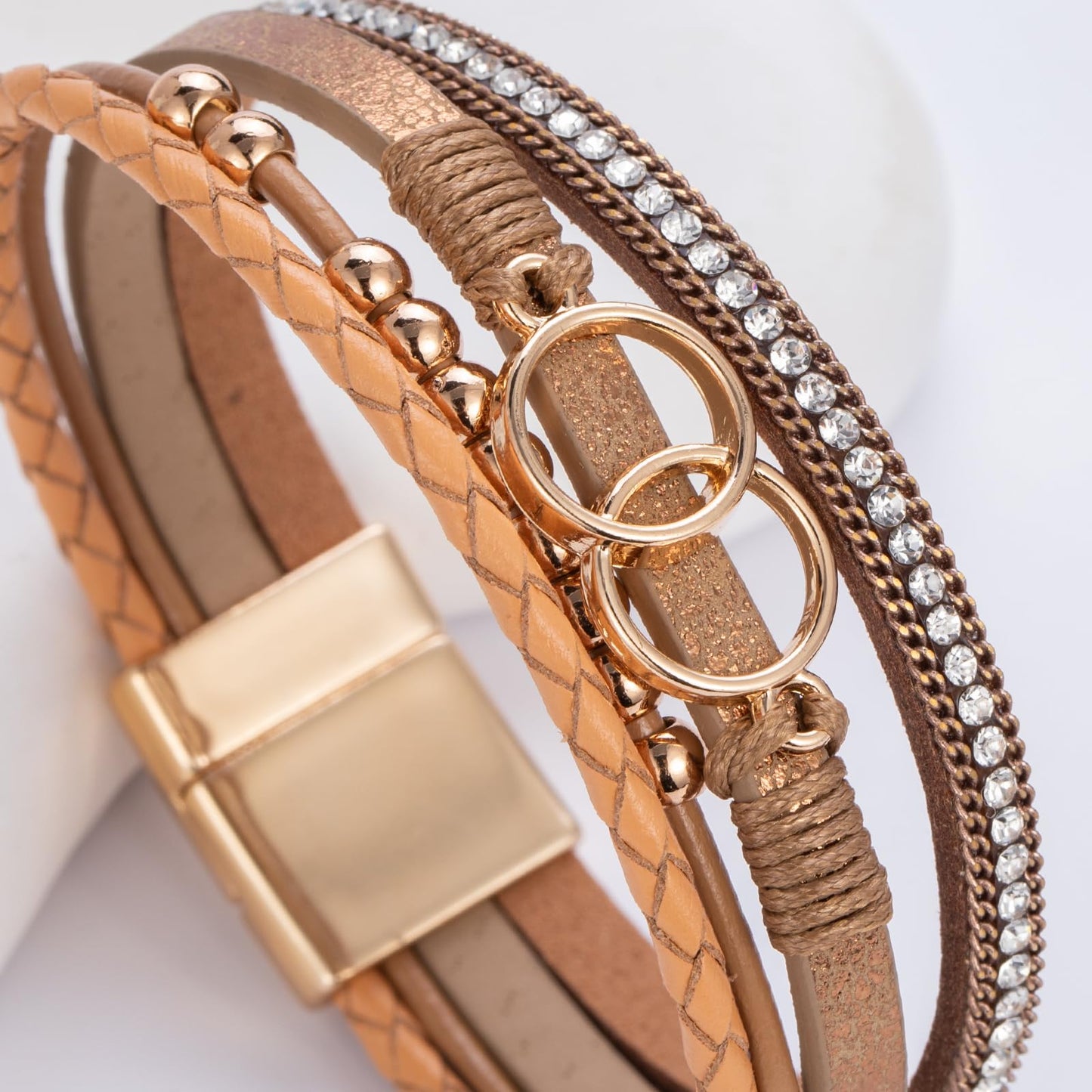 FANCY SHINY Boho Leather Wrap Bracelet Stackable Beaded Infinity Chunky Cuff Bracelets with Magnetic Clasp Western Hippie Outfits Jewelry Gifts for Women(Brown)
