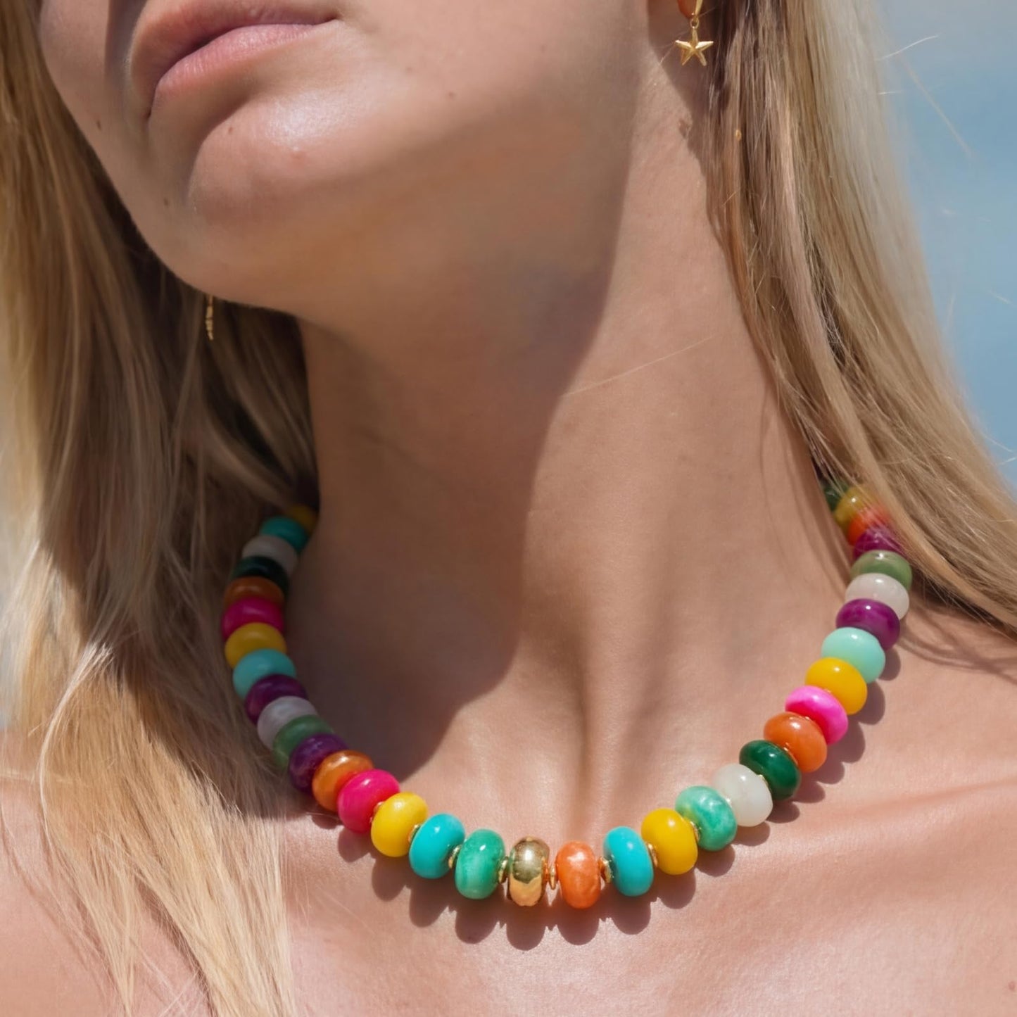 HolidayQbee Beaded Necklace for Women Chunky Colorful Beaded Choker Necklace Boho Oval Rainbow Bead Statement Necklaces Fashion Trendy Summer Beach Jewelry Gifts