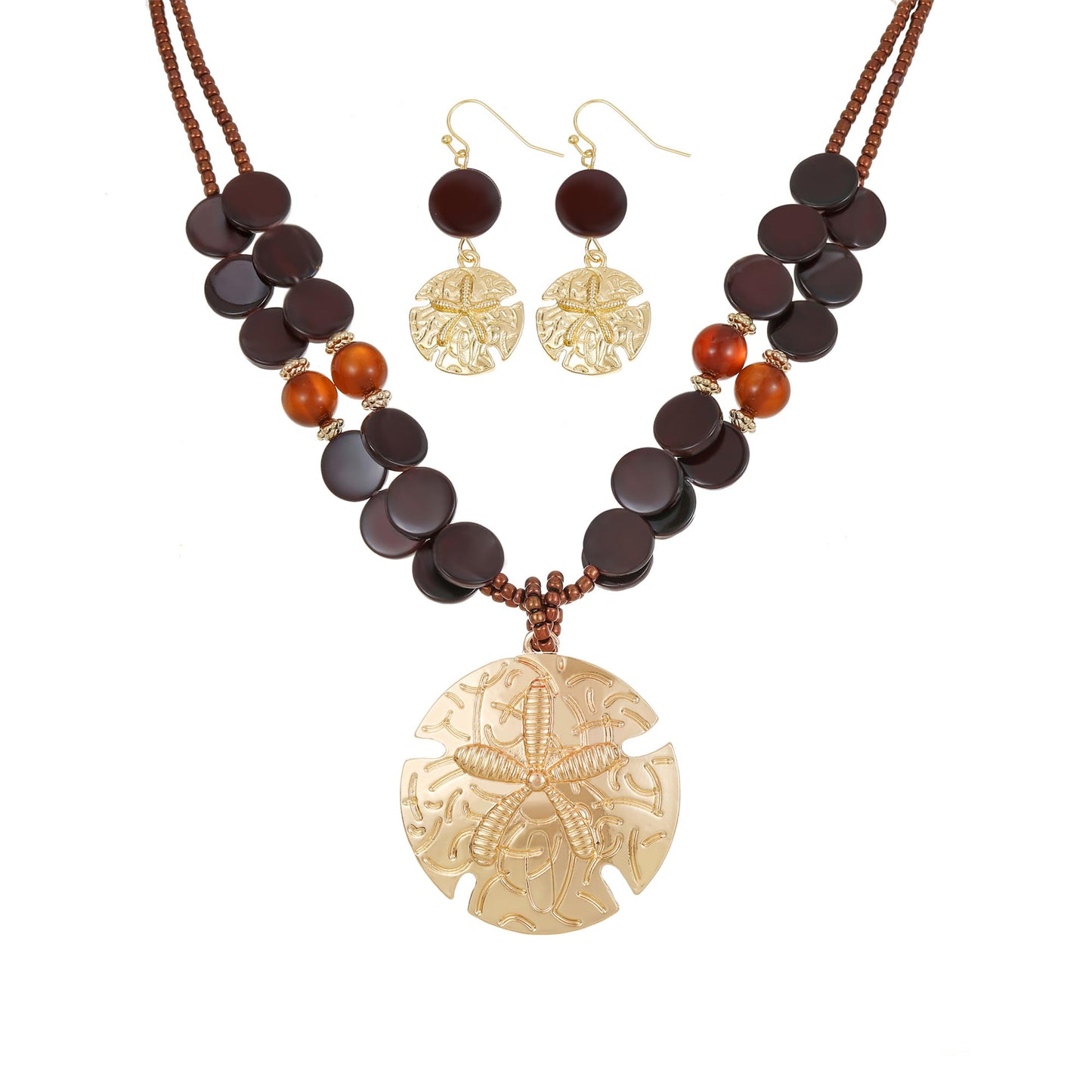 Perla Boho Starfish Necklace for Women, Chunky Layered Shell Beads Choker Necklace and Earrings Set, Ocean-Themed Summer Beach Jewelry (Brown)