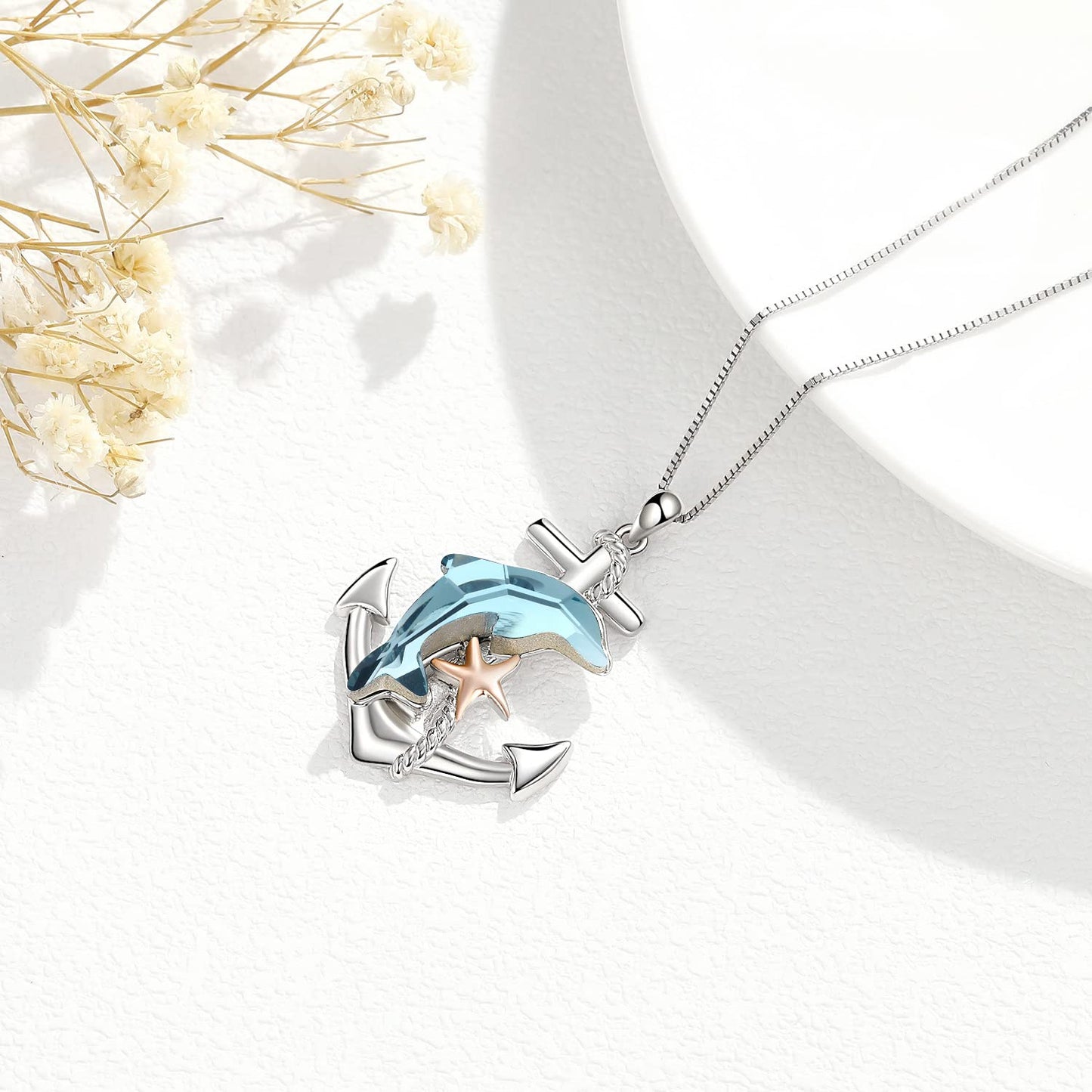 KoyeKei Dolphin Necklace Gifts for Women 925 Sterling Silver Anchor Dolphin Crystal Necklaces Nautical Ocean Pendant Beach Themed Jewelry Starfish Graduation Gifts for Daughter Best Friend Lover