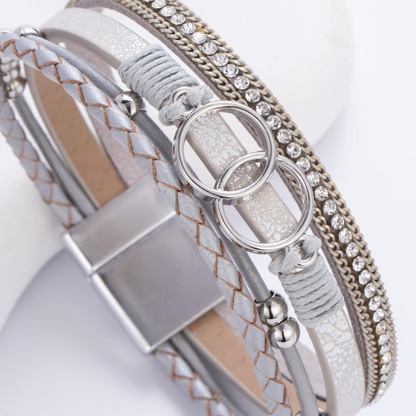 FANCY SHINY Boho Leather Wrap Bracelet Stackable Beaded Infinity Chunky Cuff Bracelets with Magnetic Clasp Western Hippie Outfits Jewelry Gifts for Women(Silver)