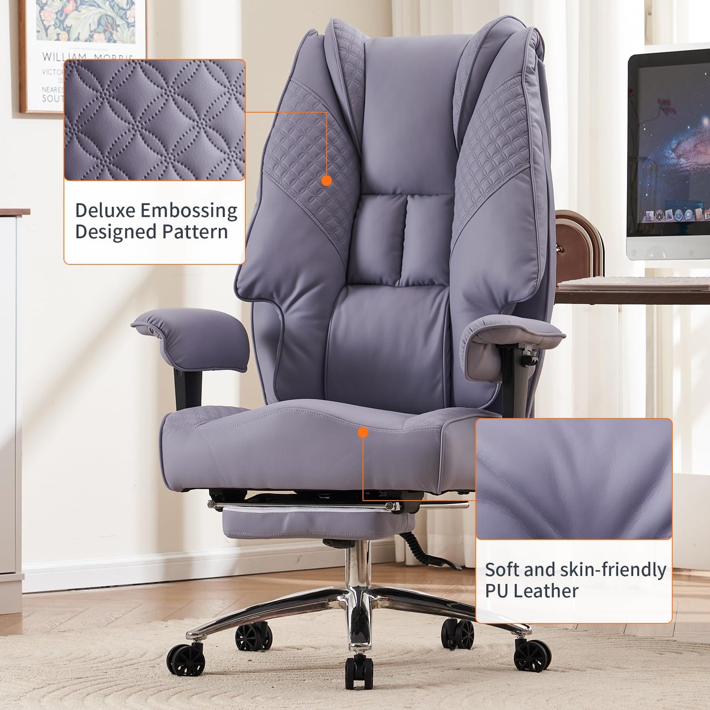 EXCEBET Big and Tall Office Chair 400lbs Wide Seat, Leather High Back Executive Office Chair with Foot Rest, Ergonomic Chairs Lumbar Support for Lower Back Pain Relief (Light Purple)
