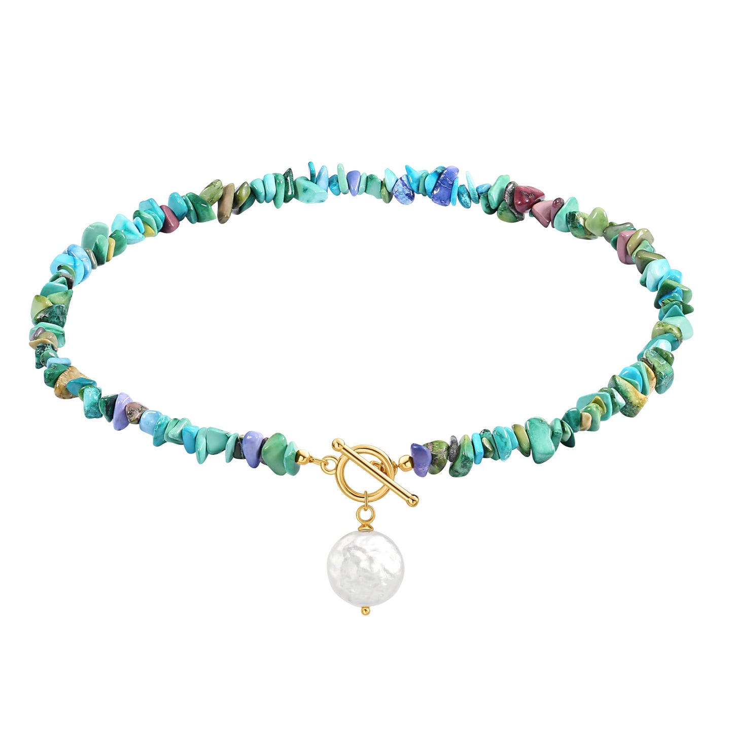 POTESSA Chunky Turquoise Necklace with Baroque Pearl Pendant, Stylish Turquoise Statement Necklace for Women, Summer Jewelry