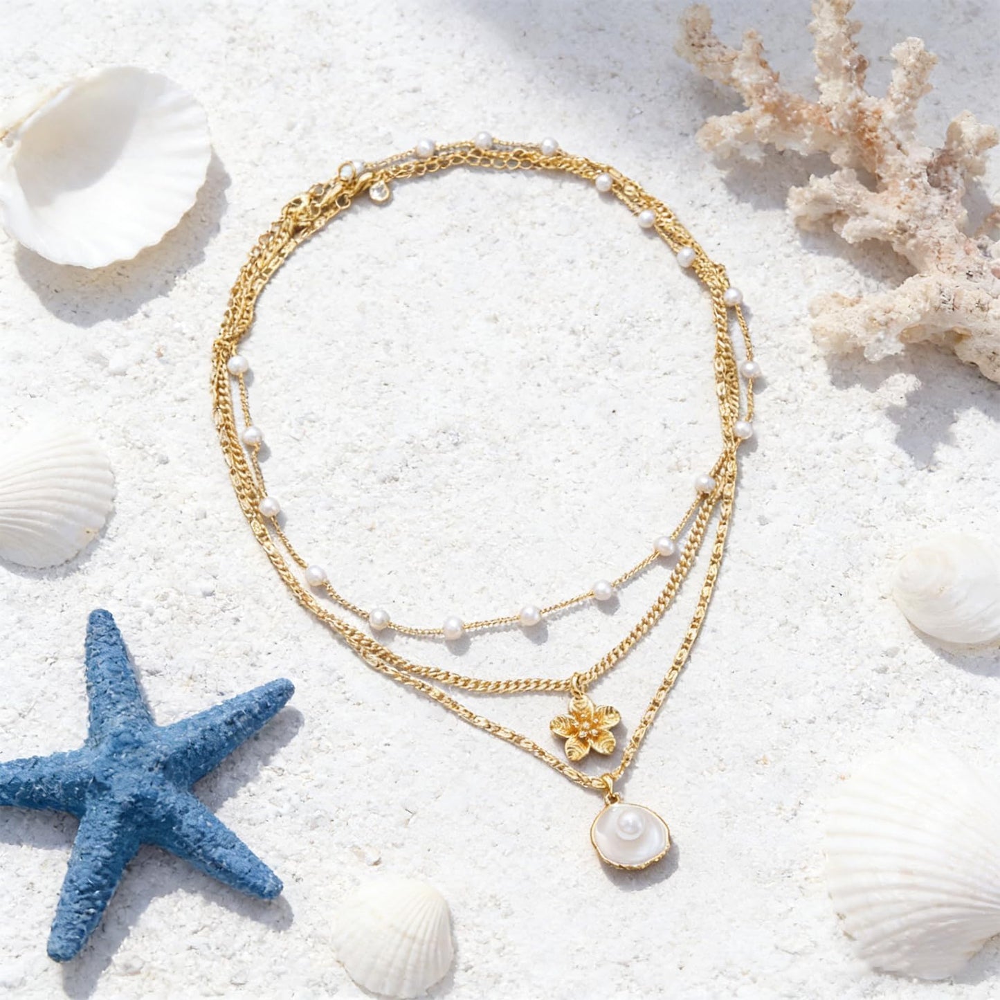 KummerSaprk Seashell Necklace Summer Vacation Jewelry for Women Gold Beachy Necklace Stack Starfish Flower Cowrie Sea Shell Pendant Necklaces Summer Essentials Accessories Gifts