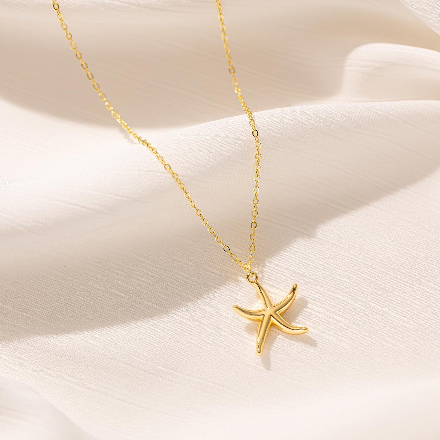 BSGRL Dainty Gold Necklace - 14K Gold Plated Starfish Sea Beach Necklace for Women High Polished 16.5"+2"