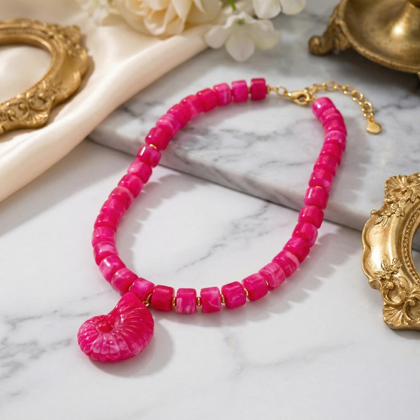 CLASSYZINT Beaded Necklace for Women Hot Pink Shell Necklace Summer Everyday Party Accessory
