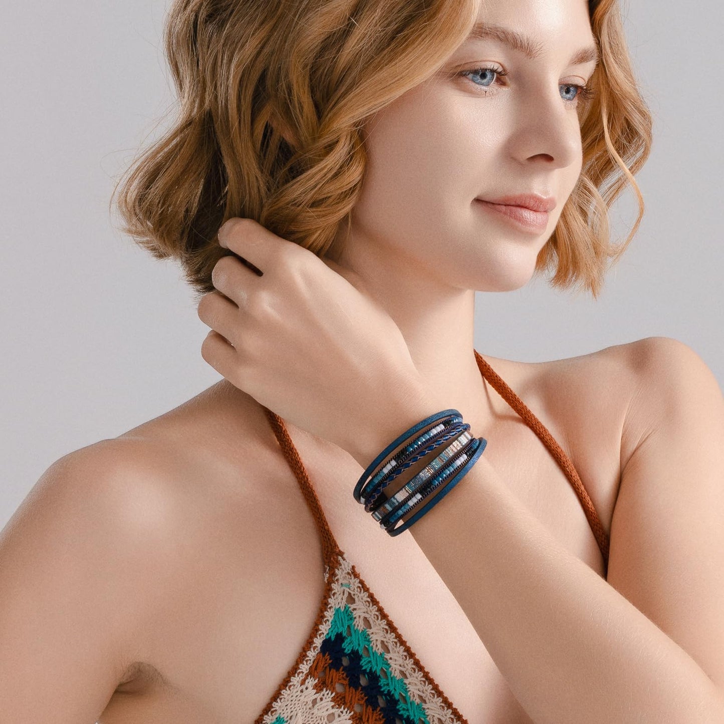 FANCY SHINY Boho Leather Wrap Bracelets Trendy Layered Bracelets with Magnetic Clasp Strackable Bohemian Cuff Jewelry Gifts for Women(Navy Blue)