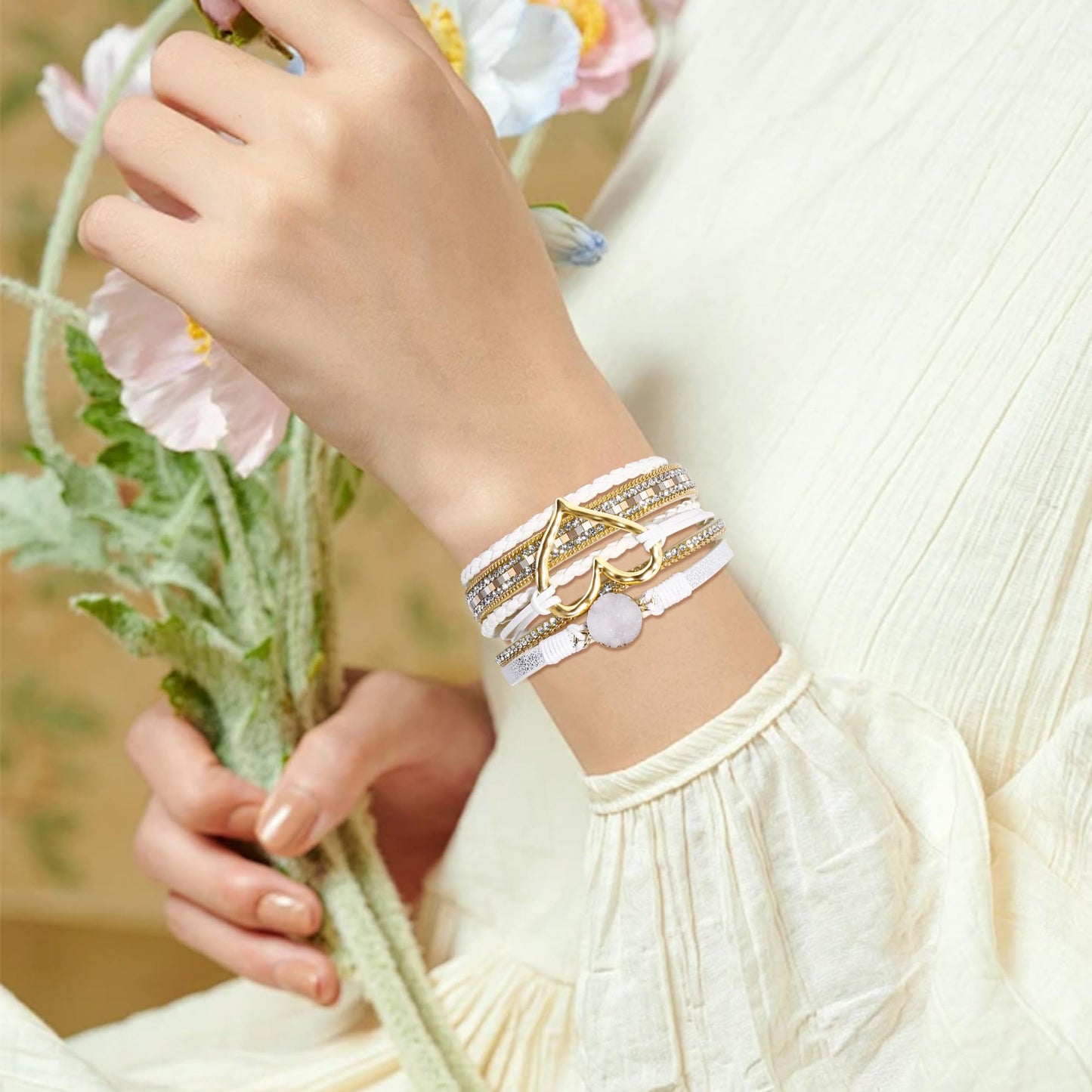 VIBILIA Boho Leather Wrap Bracelets for Women Heart Multi-Layer Bracelets with Strong Clasp Jewelry for Women-White