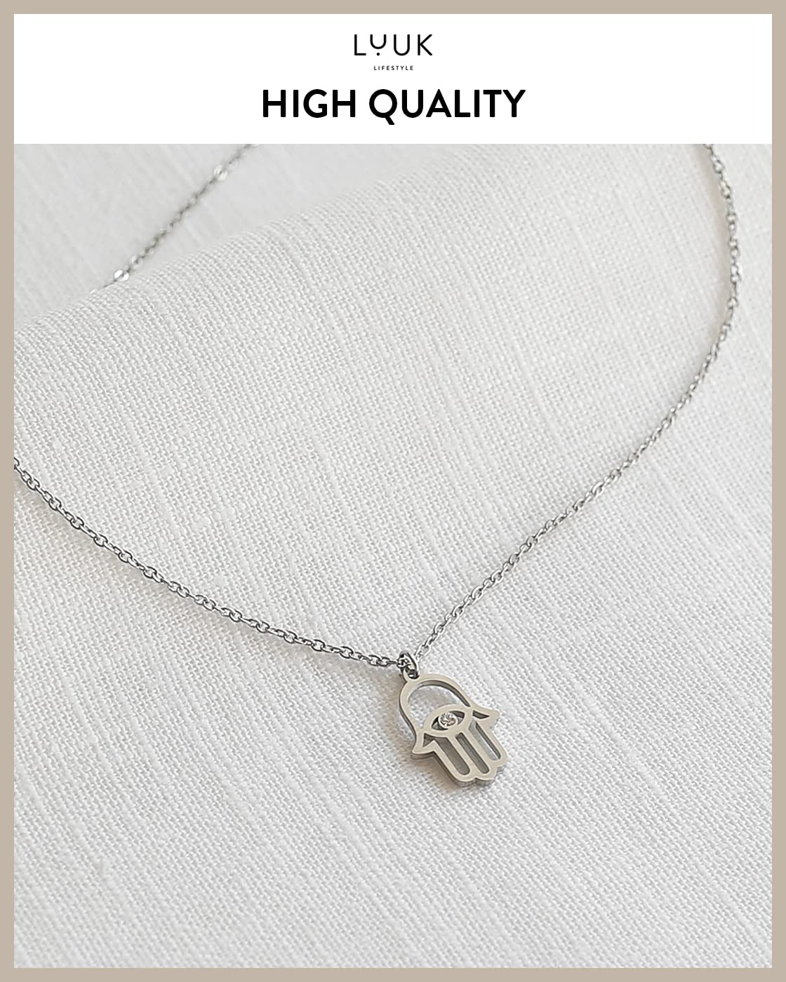 LUUK LIFESTYLE Stainless steel necklace for women with Fatima|Buddha hand pendant and HAPPINESS gift card, zen hamsa jewelry for protection against bad luck, hippie chic boho style aspect, silver