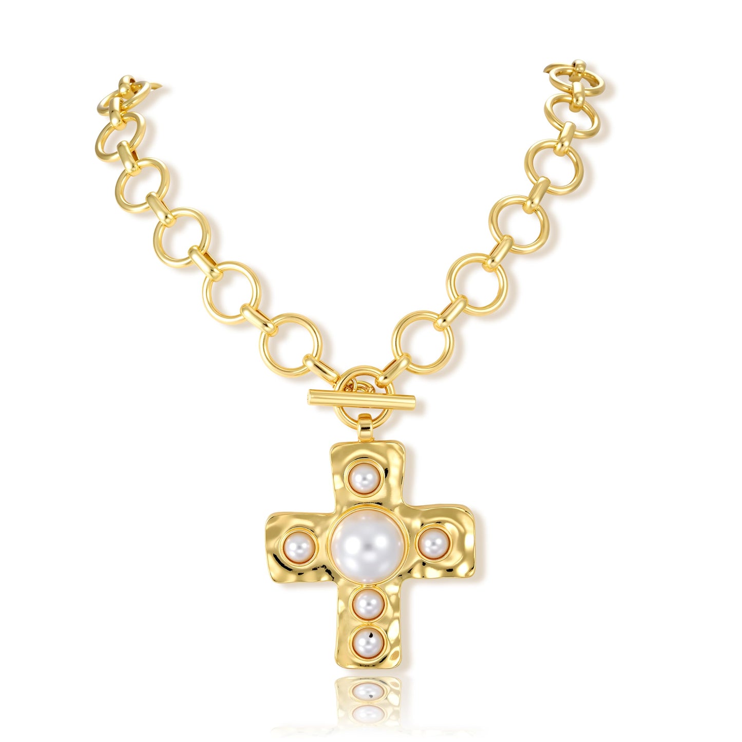 FAXHION Chunky Cross Necklace for Women, Gold Toggle Chain Statement Necklace with Hammered Cross Pendant, Vintage Chunky Necklace Jewelry Gift for Women