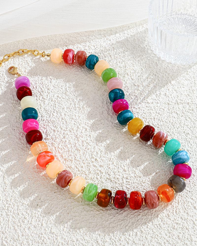FAUTHENTICUTE Colorful Beaded Choker Necklace for Women Rainbow Bead Statement Necklace Boho Summer Beach Necklaces Trendy Western Beaded Necklaces for Women Everyday Jewelry