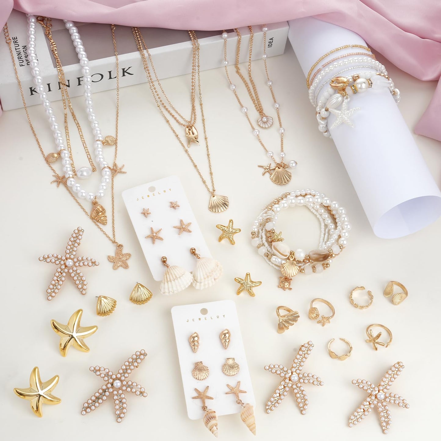 42 Pcs Starfish Seashell Jewelry Set Beach Jewelry for Women Summer Mermaid Accessories Layer Necklace Bracelets Stackable Rings Anklet Stud Earrings Pearl for Holiday Vacation Wedding Party Gifts